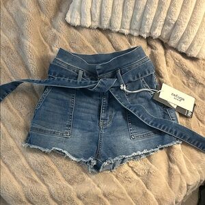 refuge Blue High-Waist Paperbag Denim Shorts with Belt